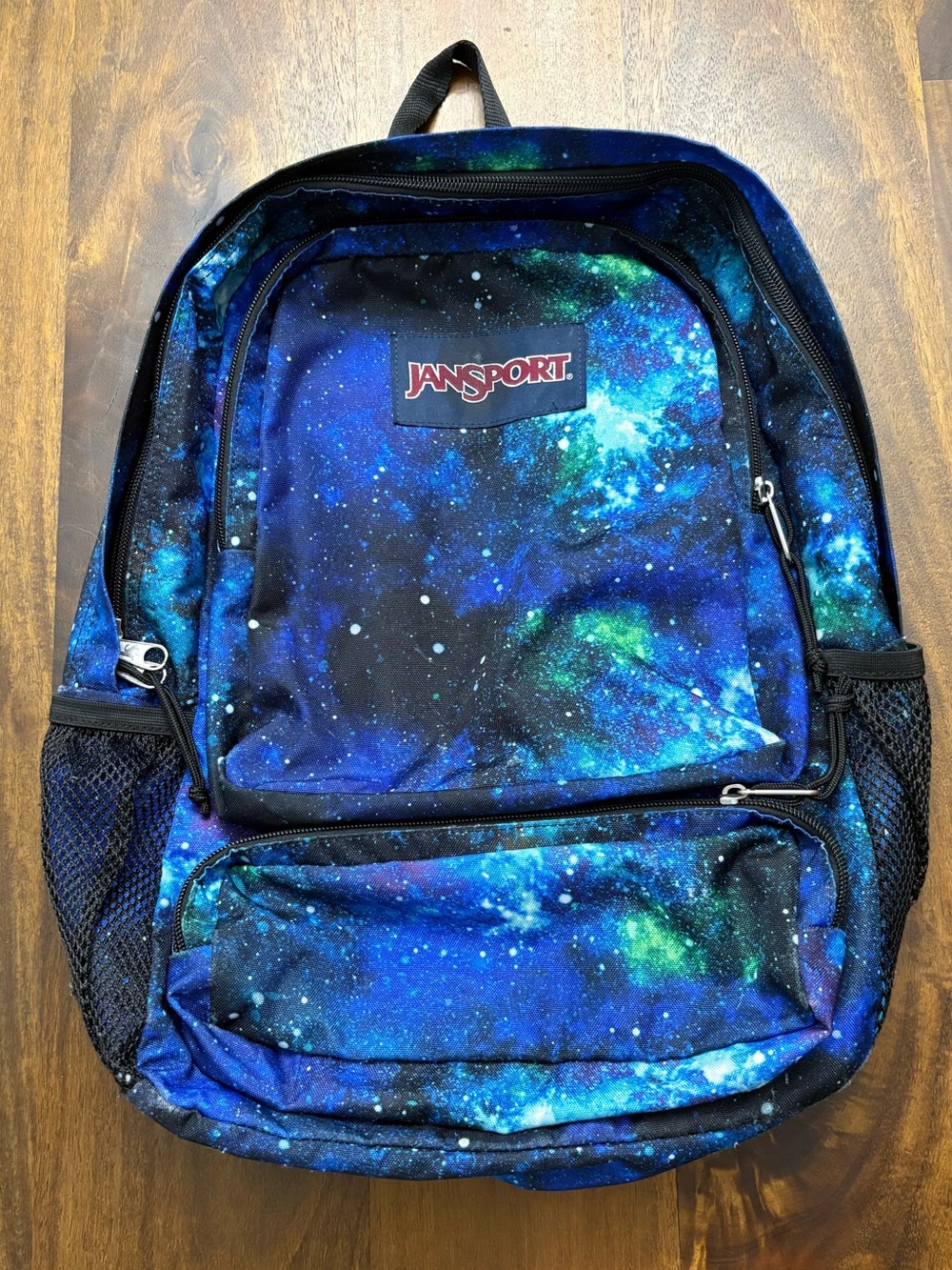 JanSport Doubleton Galaxy Print Backpack 17x12 Blue/Black Bottle Pockets JS0A7ZN
